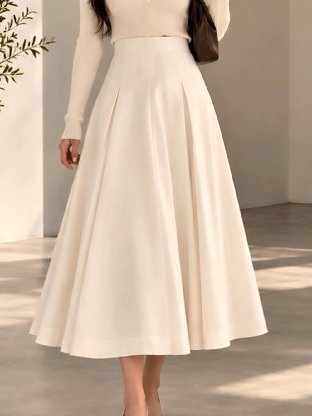 Pleated White A-Line Midi Skirt